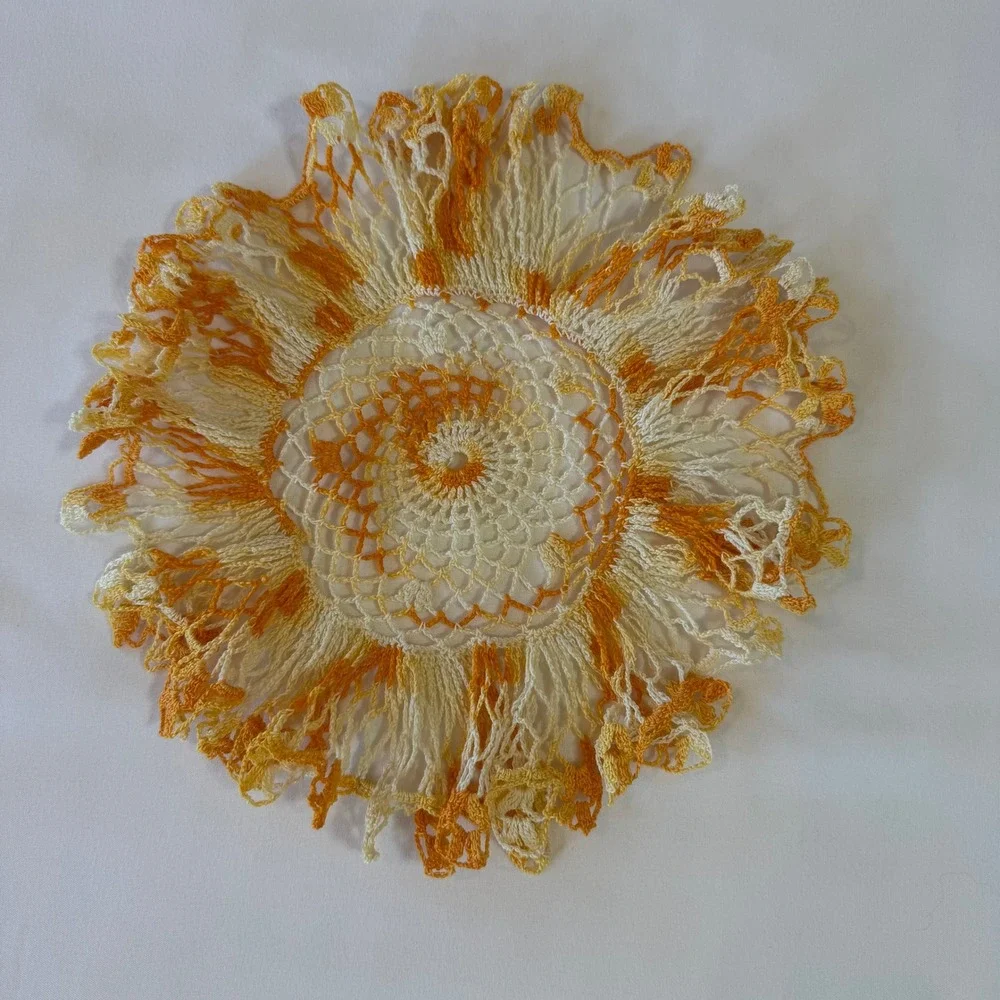 Vintage Crochet Ruffle Doily Orange Yellow Variegated Fall Decor Lace 9